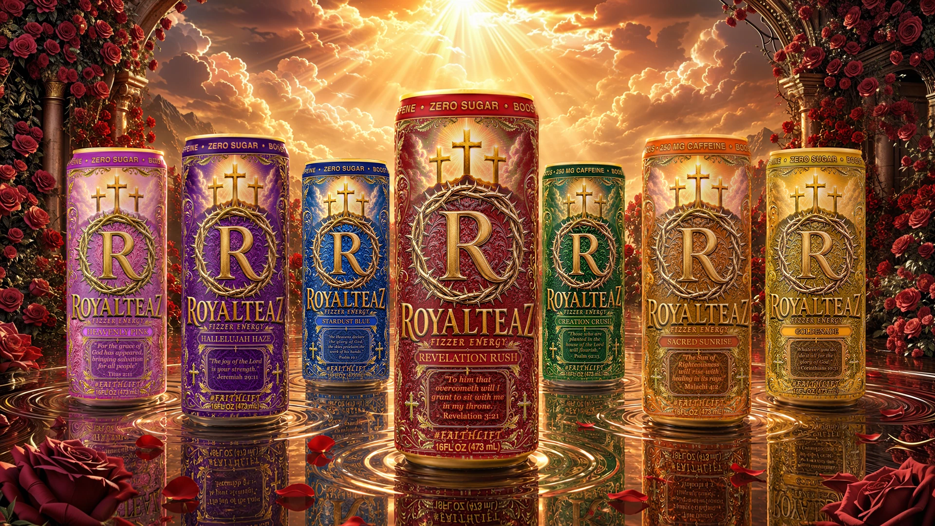 Revelation Rush surrounded by the Fizzer Energy collection in its illustrated landscape